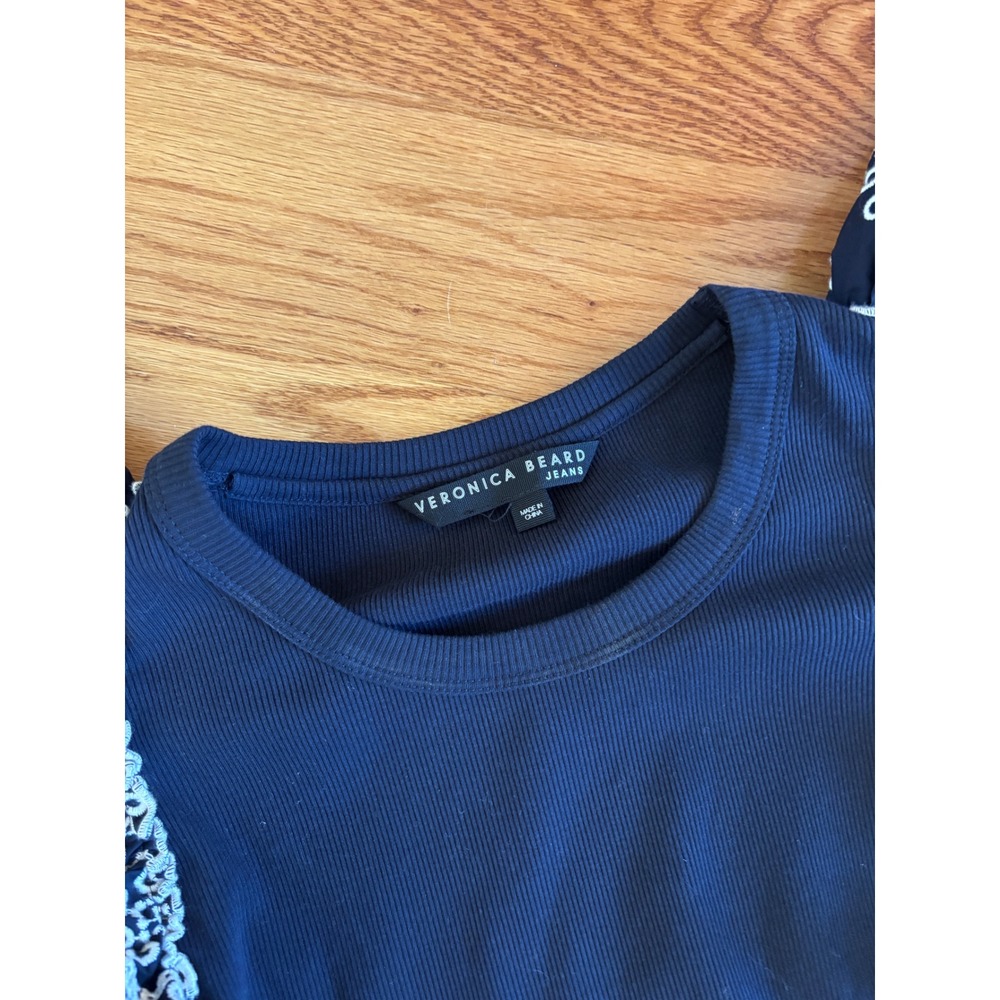 Veronica‎ Beard Navy Ribbed Knit Top White Eyelet Lace Flutter Sleeve Tank Small - Picture 4 of 8